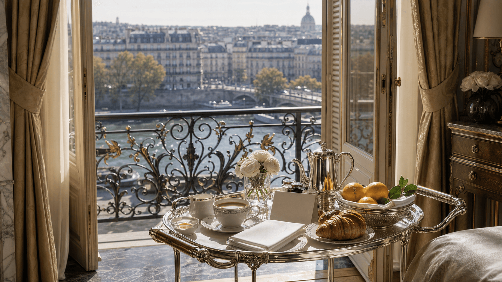 Hôtel de Crillon palace balcony breakfast trolley over the Seine.