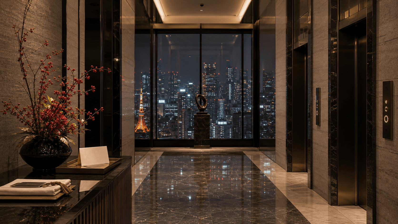 Tokyo skyline and hotel lobby mood for the Four Seasons Otemachi family base.