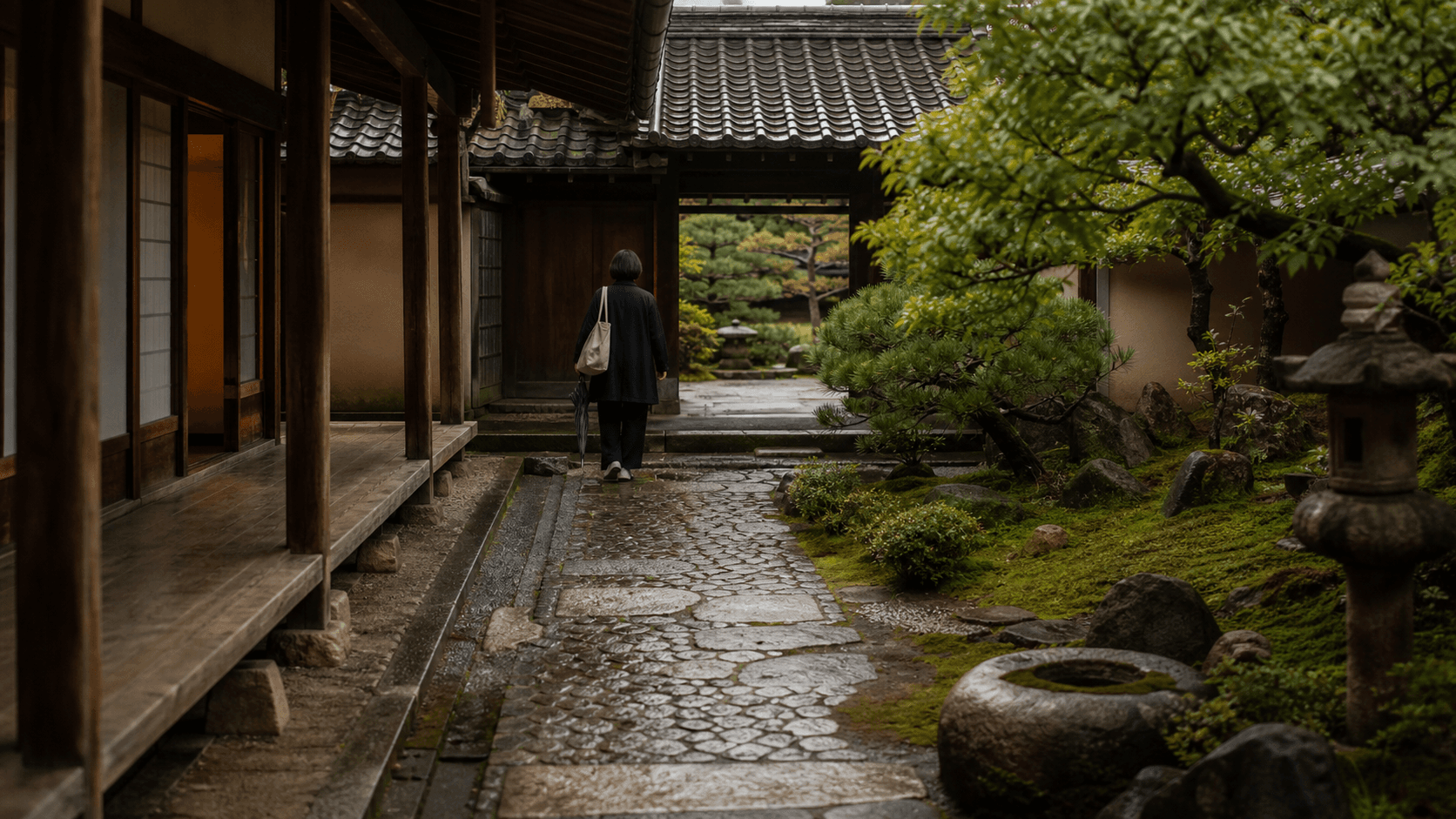 Lifelike Kyoto garden path before crowds with moss, aged timber, stone, and a guide-like figure from behind for private cultural access.