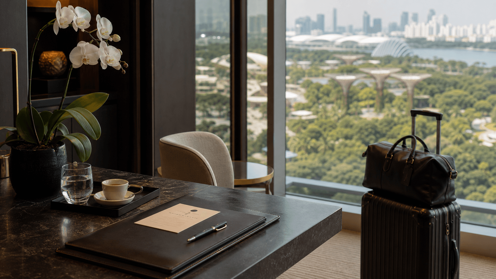 Singapore high-floor lounge with skyline and garden view for a Marina Bay dining base.