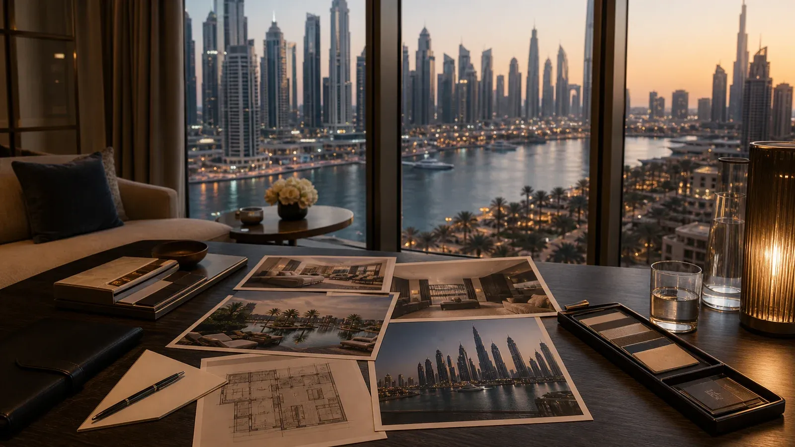 Dubai hotel suite with desk and city view, representing the Jumeirah Beach remote-work base.
