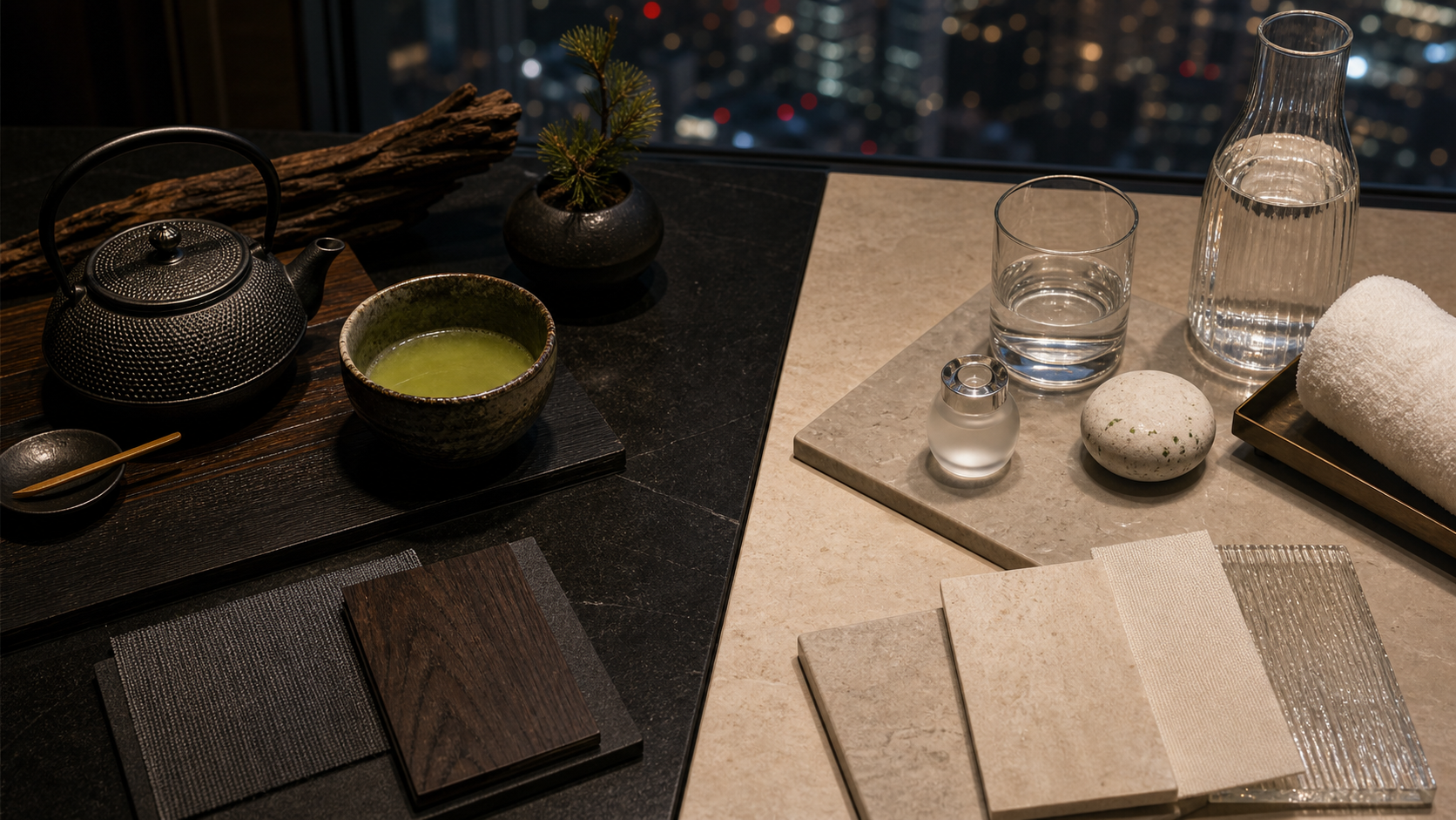 Aman Tokyo — calm architectural luxury with tea service and black stone material detail.