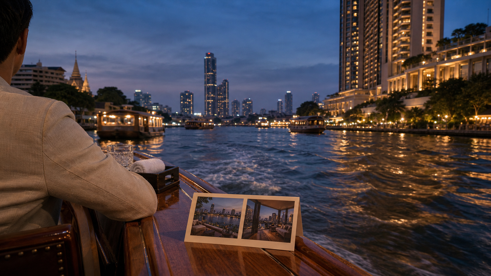 Bangkok Riverside vs Sukhumvit: Where to Stay in 2026 shown as private long-tail boat neighborhood decision for VIAIVE, with teak rail, river wake, hotel silhouettes.
