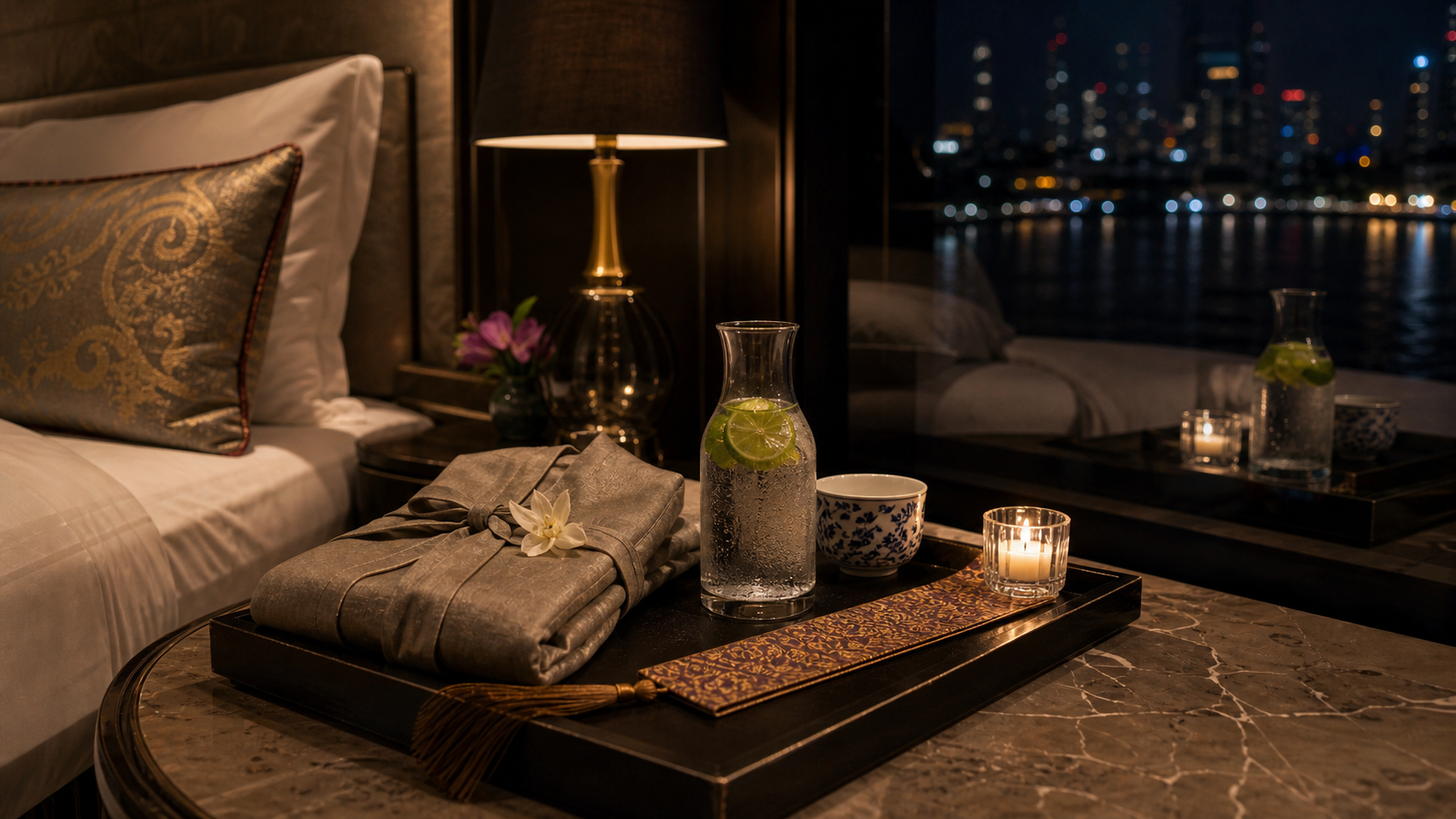 Capella Bangkok river suite — Thai silk, bedside marble, and Chao Phraya reflection.