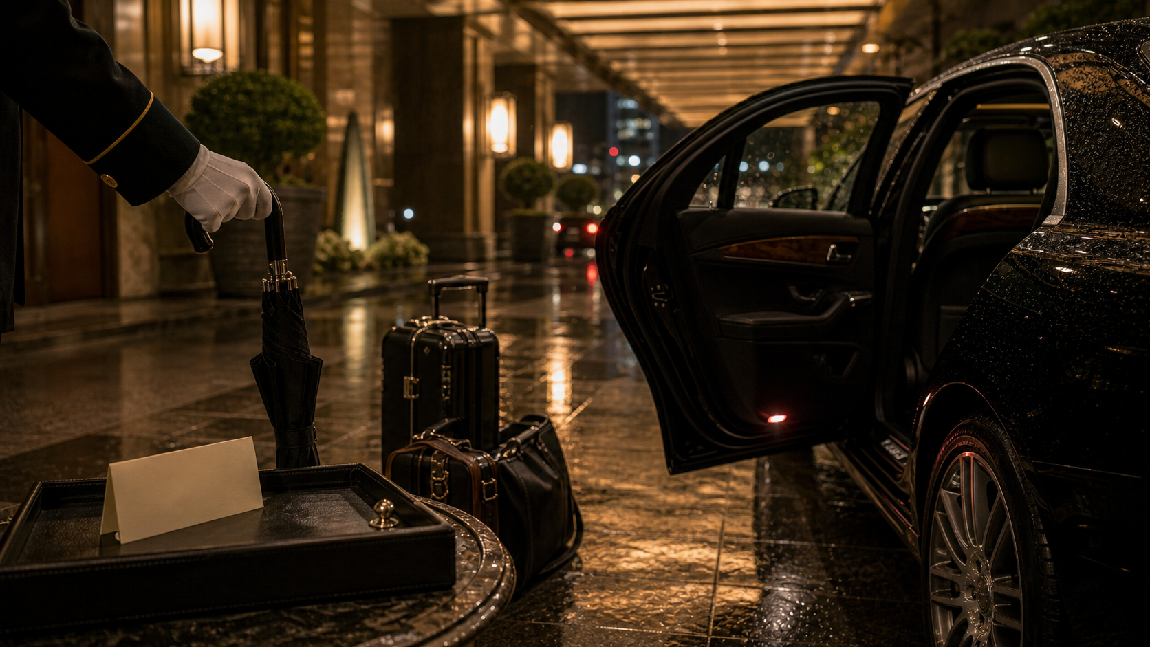 Ground transfer image with private arrival handoff, vehicle, umbrella, and luggage coordination cues.