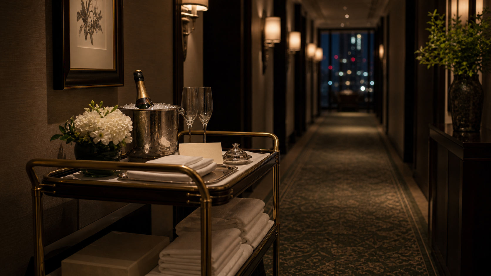Suite corridor service choreography — butler cart, pressed linen, champagne bucket.