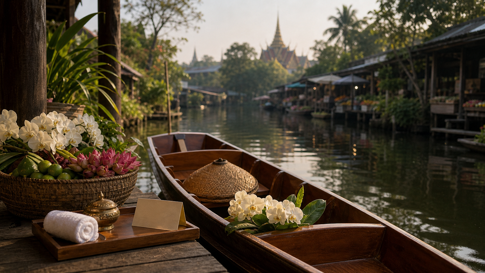 Thailand shown as private canal landing market access for VIAIVE, with wooden boat, orchids, fruit, teak tray.