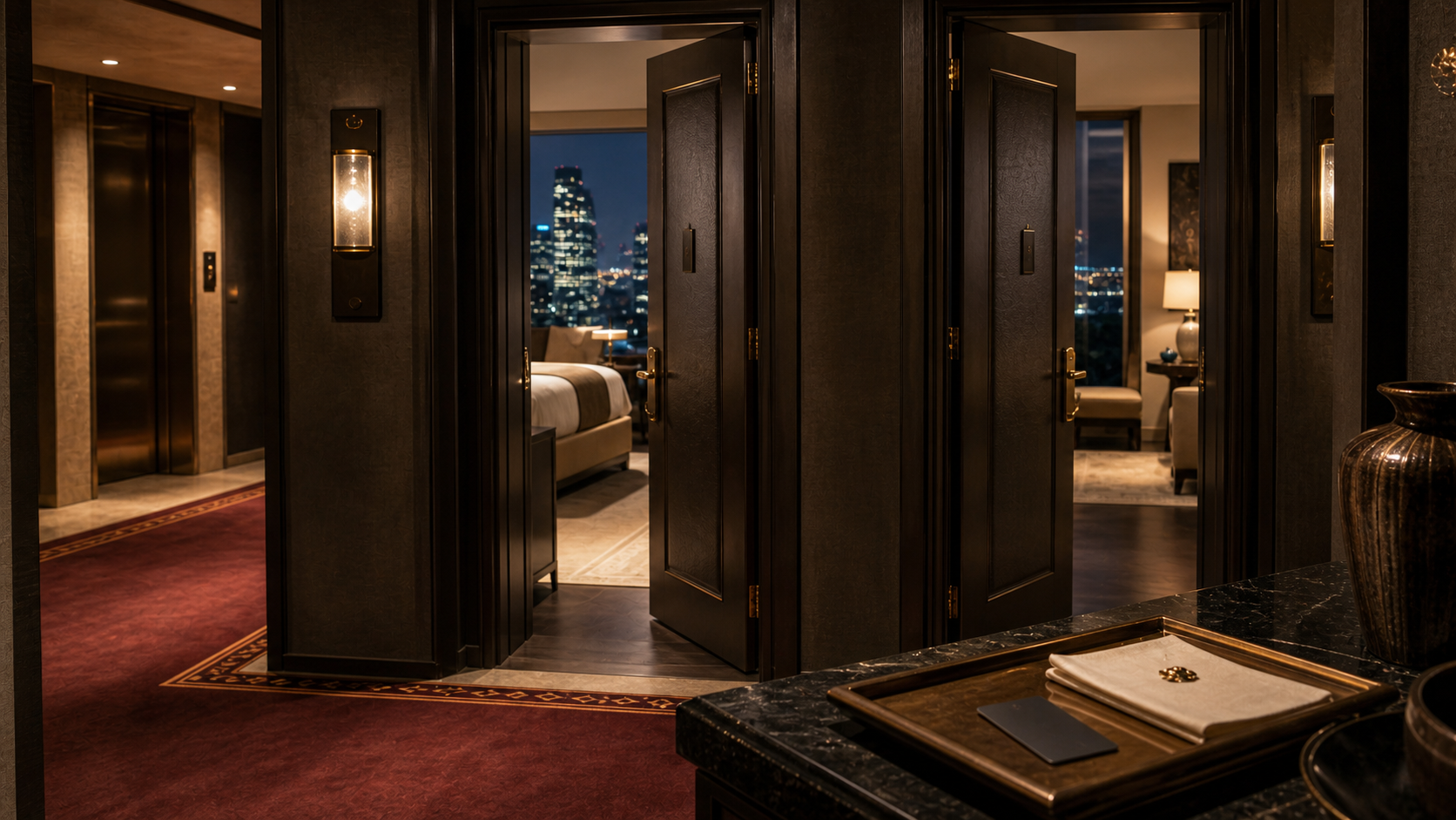 Five-star corridor at the room-category decision — suite doors and linen tray.