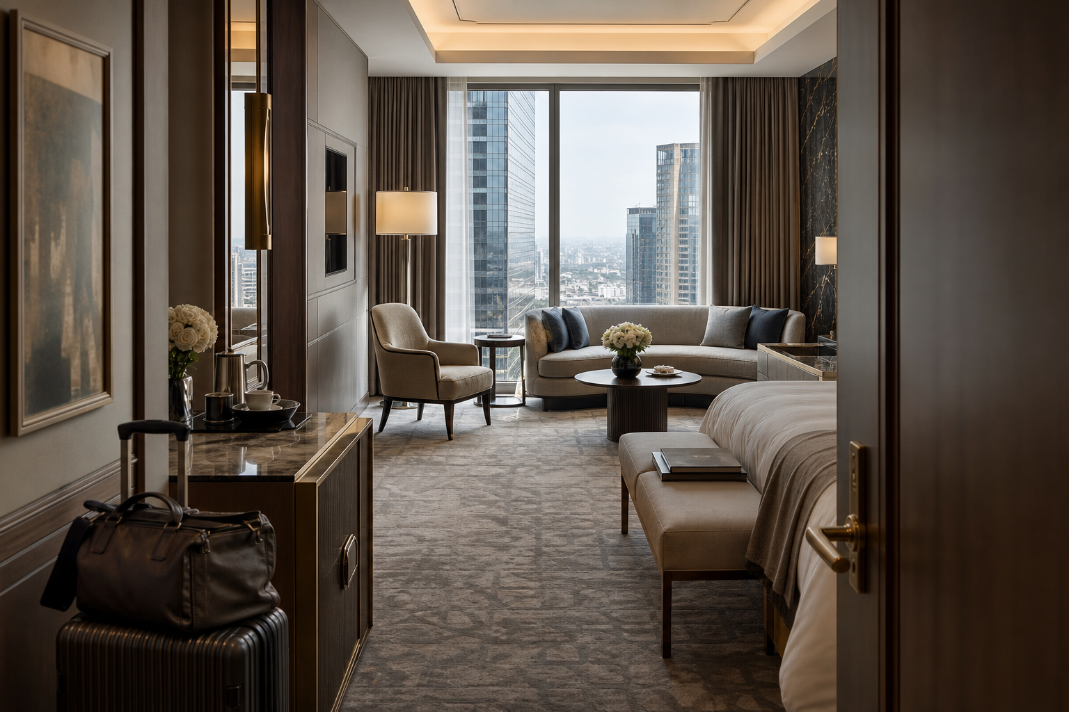 The decisive room-category view — floor height and seating position visible.